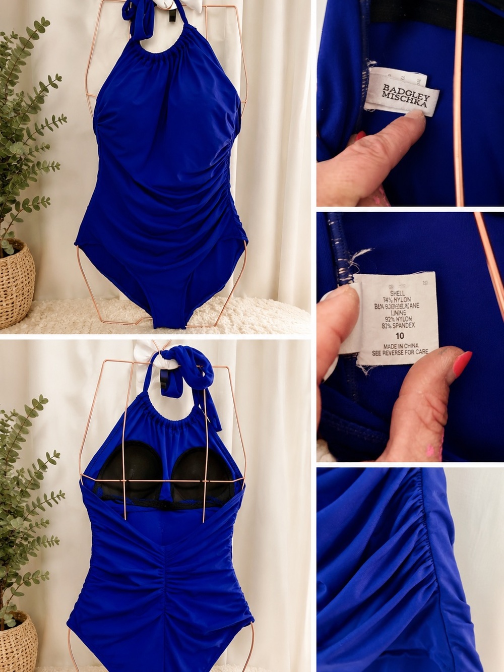 Badgley Mischka Cobalt Blue Halter One-Piece Swimsuit
